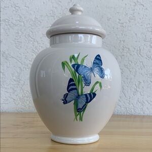 Vintage White ceramic jar with blue butterflies.  Ginger jar, urn, vase with lid